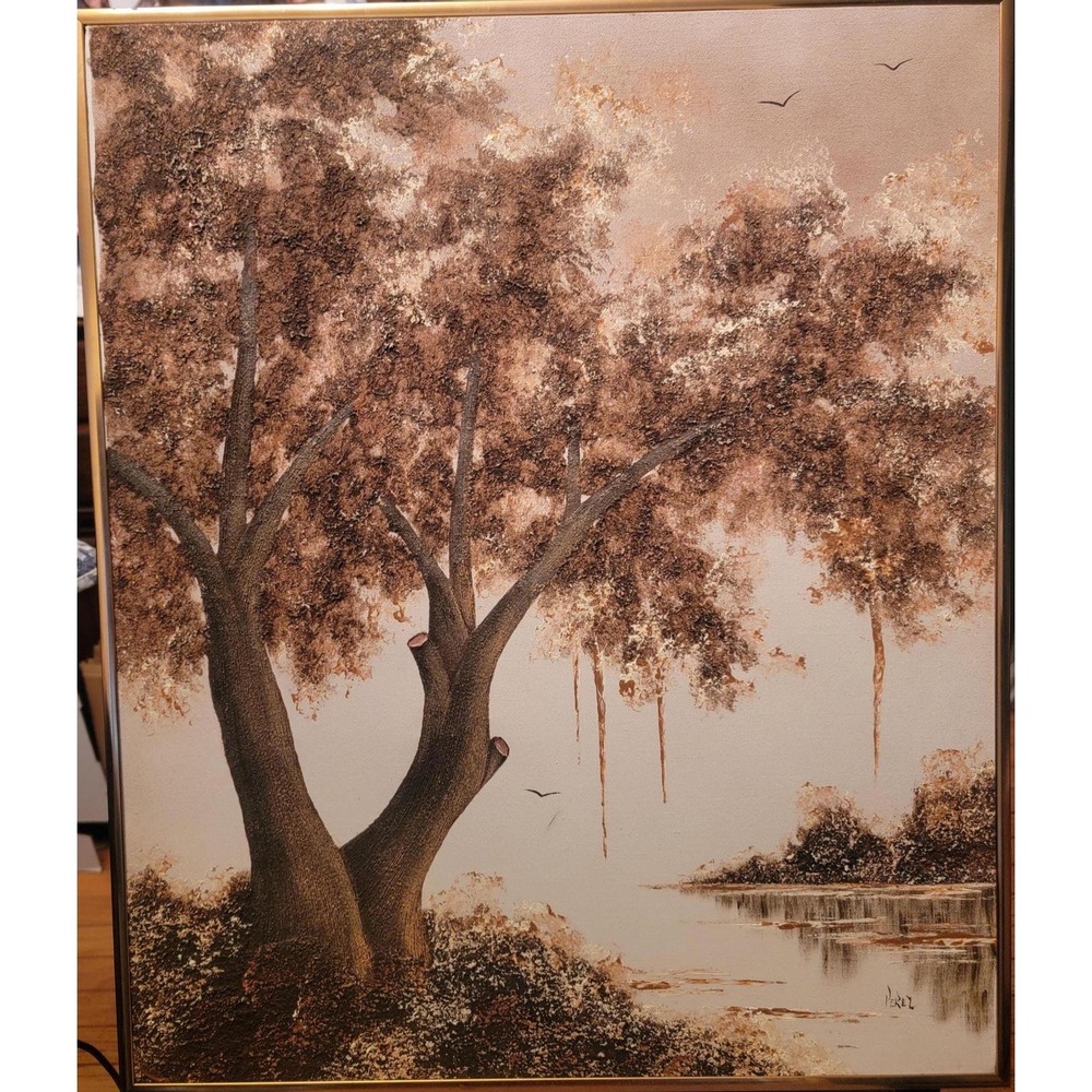 CHESTER LEWIS PEREZ VINTAGE ORIGINAL 3D RAISED OIL ON CANVAS LANDSCAPE PAINTING